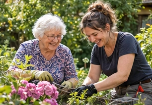 Beispielmotiv: zwei Nachbarinnen arbeiten gemeinsam im blühenden Garten.