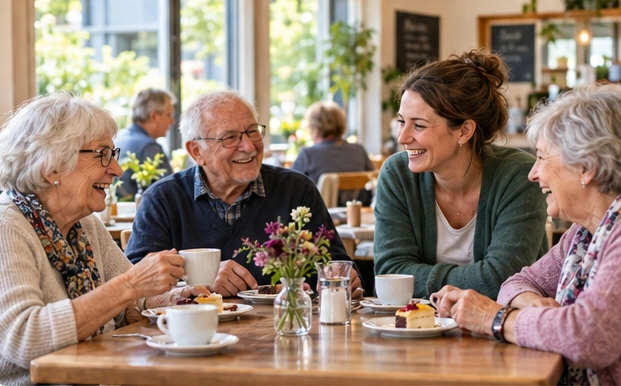 Beispielmotiv: ältere Nachbarn und eine jüngere Helferin unterhalten sich bei Kaffee und Kuchen.